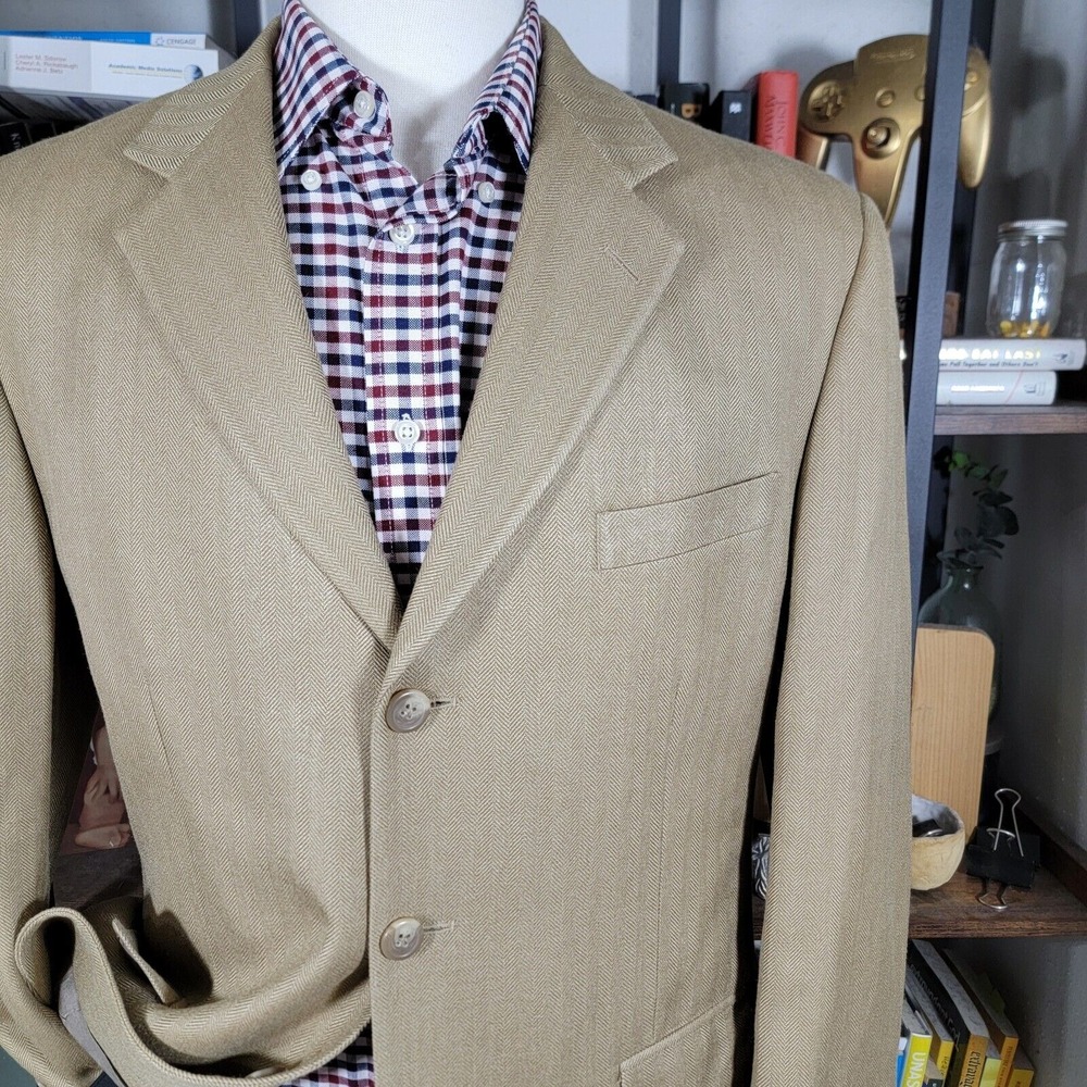 Chaps Ralph Lauren Men's Sport Coat Three Button Dark Beige Herringbone Silk 40R - Picture 4 of 16